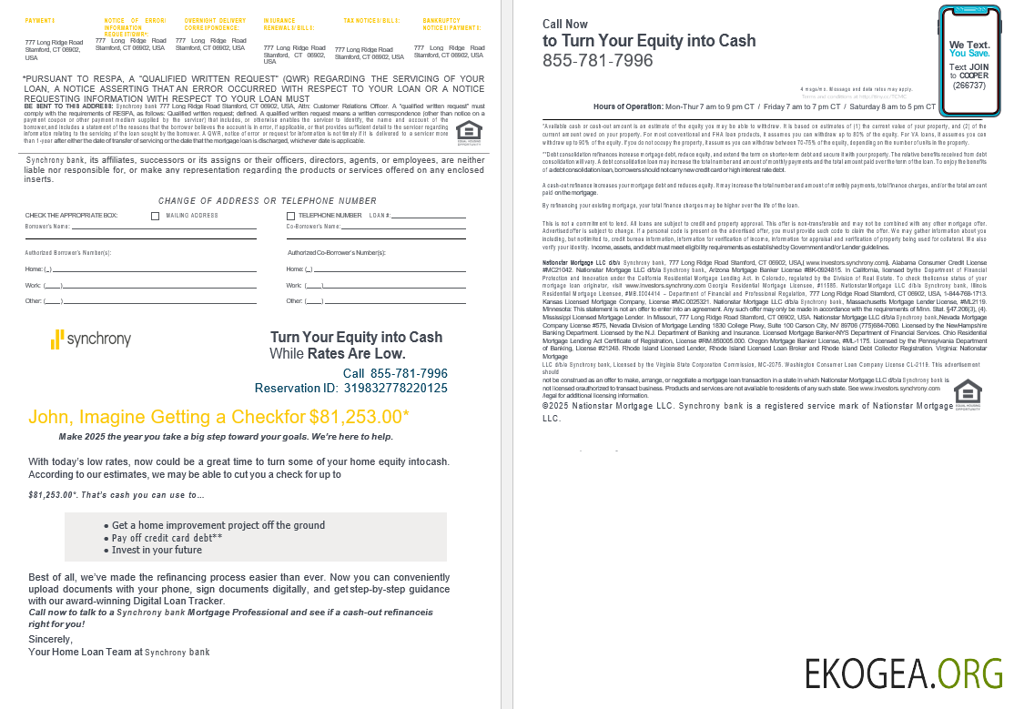 Relevé de prêt hypothécaire USA Synchrony Bank aux formats Word et PDF, 4 pages 3, 4